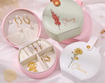 Personalized Bridesmaid Jewelry Box, Bridesmaid Proposal, Birthmonth Flower Jewelry Box, Custom Jewelry Case,Jewelry Organizer,Birthday Gift