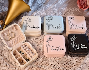 Custom Travel Jewelry Box,Bacheloette Party,Personalized Square Jewelry Box,Wedding Gifts,Birth Flower Jewelry Case,Bridesmaid Gift Box