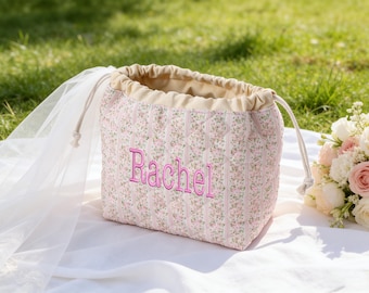 Personalized Floral Embroidered Makeup Bag, Custom Bridesmaid Cosmetic Travel Toiletry Pouch
