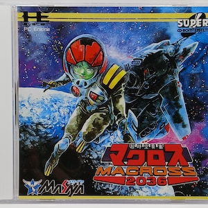 May include: A video game cover featuring a colorful illustration of a character in a spacesuit, a spaceship, and a planet. The title of the game is "Macross 2036" in red and yellow letters.