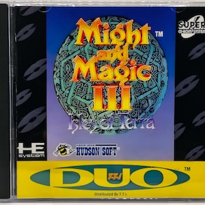 May include: A CD-ROM case for the video game "Might and Magic III: Isles of Terra." The cover features the game's title in gold lettering over a blue and green background. The case includes the "Super CD-ROM System" logo and the Hudson Soft logo.