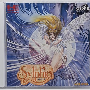 May include: A Super Famicom video game cartridge with a blue and white cover featuring a female character with wings. The title of the game is "Sylphia" in a stylized font.