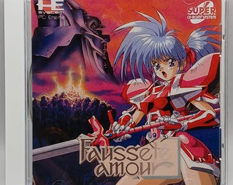 Puede incluir: Una portada de videojuego con un personaje femenino de anime con armadura roja y blanca sosteniendo una gran espada. El fondo es un paisaje de fuego con una gran estructura mecánica en la distancia. El título del juego es "Faussete Amour" en una fuente dorada.