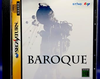 Puede incluir: Caja de juego SEGA Saturn para "Baroque". La portada presenta una ilustración en escala de grises de una figura mecánica con esferas flotantes. El título del juego está en letras negras grandes. La caja tiene un lomo amarillo con texto japonés y el logotipo de SEGA Saturn.