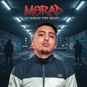 Puede incluir: Portada del álbum con un hombre con una chaqueta azul y blanca, la palabra "MORAD" en rojo encima. El texto "20 MORAD TYPE BEATS" está debajo. El fondo es un túnel cubierto de grafitis con dos figuras.