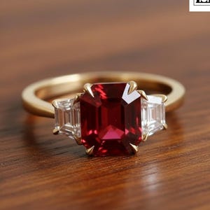 Red Ruby Emerald Cut Ring: 14k Yellow Gold Three Stone, Trapezoid Sides