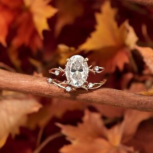 3 Carat Oval Moissanite Engagement Ring Set, Unique Gold Branch Engagement Ring with Matching Leaf Band, Nature Inspired Bridal Jewelry Set