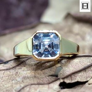 2.5 Carat Asscher Cut Moissanite Engagement Ring, Bezel Set Solitaire in Yellow Gold, Art Deco Vintage Ring, Classic Wedding Ring for Her