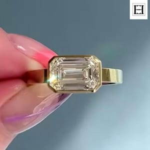 2.5 Ct East West Emerald Cut Moissanite Ring, Bezel Set Engagement Ring in 14K Yellow Gold, Modern Solitaire Ring, Minimalist Wedding Ring
