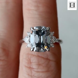 3 Ct Cushion Cut Grey Moissanite Engagement Ring – 3 Stone Moissanite Ring in Sterling Silver or White Gold – Unique Vintage-Inspired Ring