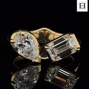 Toi Et Moi Pear and Emerald Cut Moissanite Ring, Unique Two Stone Open Ring in 14K Gold, Modern Engagement Ring, Dual Stone Statement Ring
