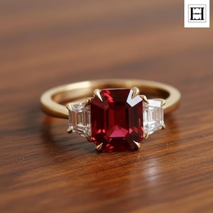 Puede incluir: Un anillo de oro con una gran gema roja oscura rectangular como pieza central, flanqueada por dos gemas claras rectangulares más pequeñas. El anillo está sobre una superficie de madera.