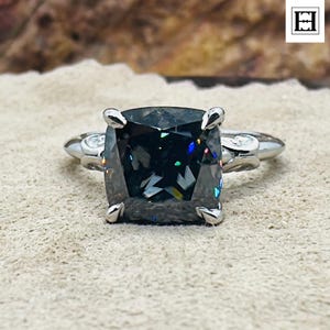 3 CT Dark Grey Moissanite Engagement Ring, Cushion Cut Solitaire Ring, 14K Solid White Gold black Moissanite Promise Ring anniversary gift