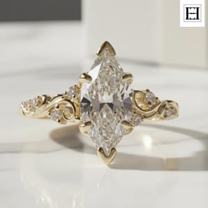 Vintage 3CT Marquise Moissanite Engagement Ring: 14K Gold Art Deco Wedding Ring
