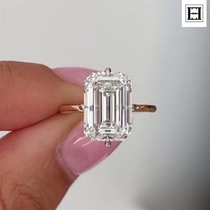5 CT Emerald Cut Moissanite Engagement Ring, Solitaire Ring in 14K Gold, Large Moissanite Ring for Women, Minimalist Hidden Halo Ring