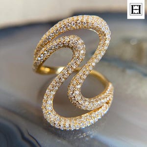 Gold Wave Statement Ring - Moissanite Zigzag Cocktail Ring, 14K Gold Bold Wavy Ring, Unique Curved Moissanite Fashion Ring for Women