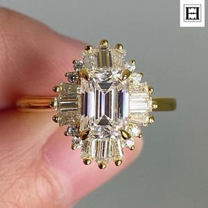 2 Carat Emerald Cut Moissanite Engagement Ring, Art Deco Halo Baguette Diamond Ring, 14K Yellow Gold Vintage Ring, Statement Bridal Ring