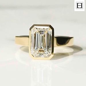 2.50Ct Emerald Cut Moissanite Bezel Set Engagement Ring Solid Gold Chunky Band 3mm Square Band Emerald Cut Solitaire Ring Flat Band Ring