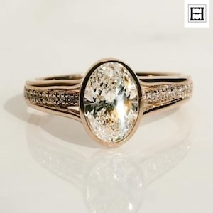 3Ct Oval Bezel Set Moissanite Engagement Ring, 14K Rose Gold Diamond Band Ring, Dainty Vintage Inspired Bridal Ring, Sparkling Oval Cut Ring