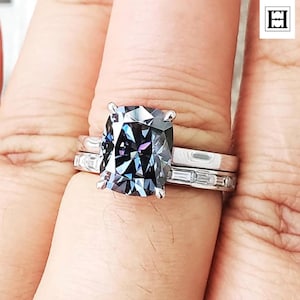 2.70 Carat Cushion Cut Grey Moissanite Engagement Ring with Baguette Diamond Accent, Unique Proposal & Wedding Ring Set For Her