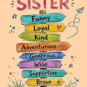 Pode incluir: Um cartão de felicitações com uma placa de madeira e oito setas direcionais coloridas com as palavras Funny, Loyal, Kind, Adventurous, Generous, Wise, Supportive e Brave. O texto diz To My Wonderful SISTER e HAPPY BIRTHDAY com ícones.