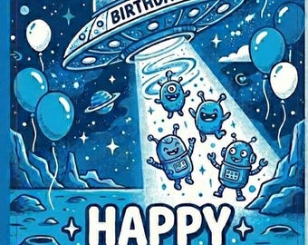 Blauwe Alien UFO-verjaardagskaart - 10 x 7 afdrukbare Sci-Fi-wenskaart - digitaal opvouwbaar briefpapier - The Evading starts - direct downloaden