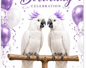 Süße weiße Kakadu Geburtstagskarte, lila & weißer Vogel Geburtstagskarte, druckbare Grußkarte, Instant Download Geschenk