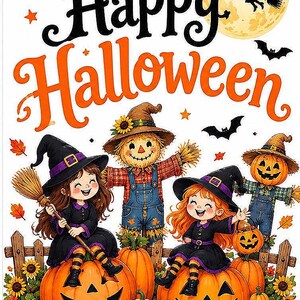 Può includere: Una stampa decorativa con il testo Happy Halloween in arancione e nero. L'illustrazione mostra due bambini in costume da strega seduti su grandi zucche, accompagnati da due spaventapasseri, pipistrelli e una luna piena con una strega.