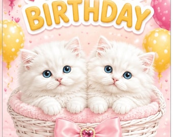 Schattige pluizige witte Perzische kittens in mand Verjaardagskaart, roze strik en blauwe ogen opvouwbaar 10 x 7 wenskaartontwerp