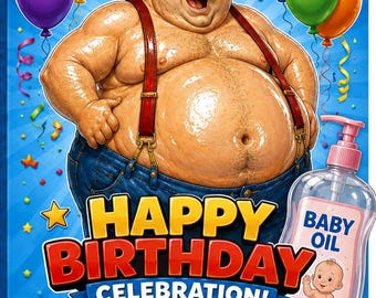 Grappige afdrukbare verjaardagskaart Big Belly – humoristische cartoon Dad Bod-wenskaart – Wrap Fold-feestkaart – direct downloaden