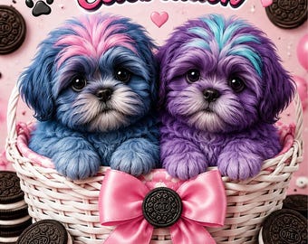 Leuke Oreo-verjaardagskaart met shih-tzu-puppy's, roze strikmand, hondenliefhebberkaart, afdrukbare digitale verjaardagskaart van 10 x 7