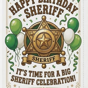 May include: A birthday card with a gold sheriff's badge, green and white balloons, and the text "Happy Birthday Sheriff." The card also reads "It's time for a big sheriff celebration!" and "Time is on your side, best wishes."