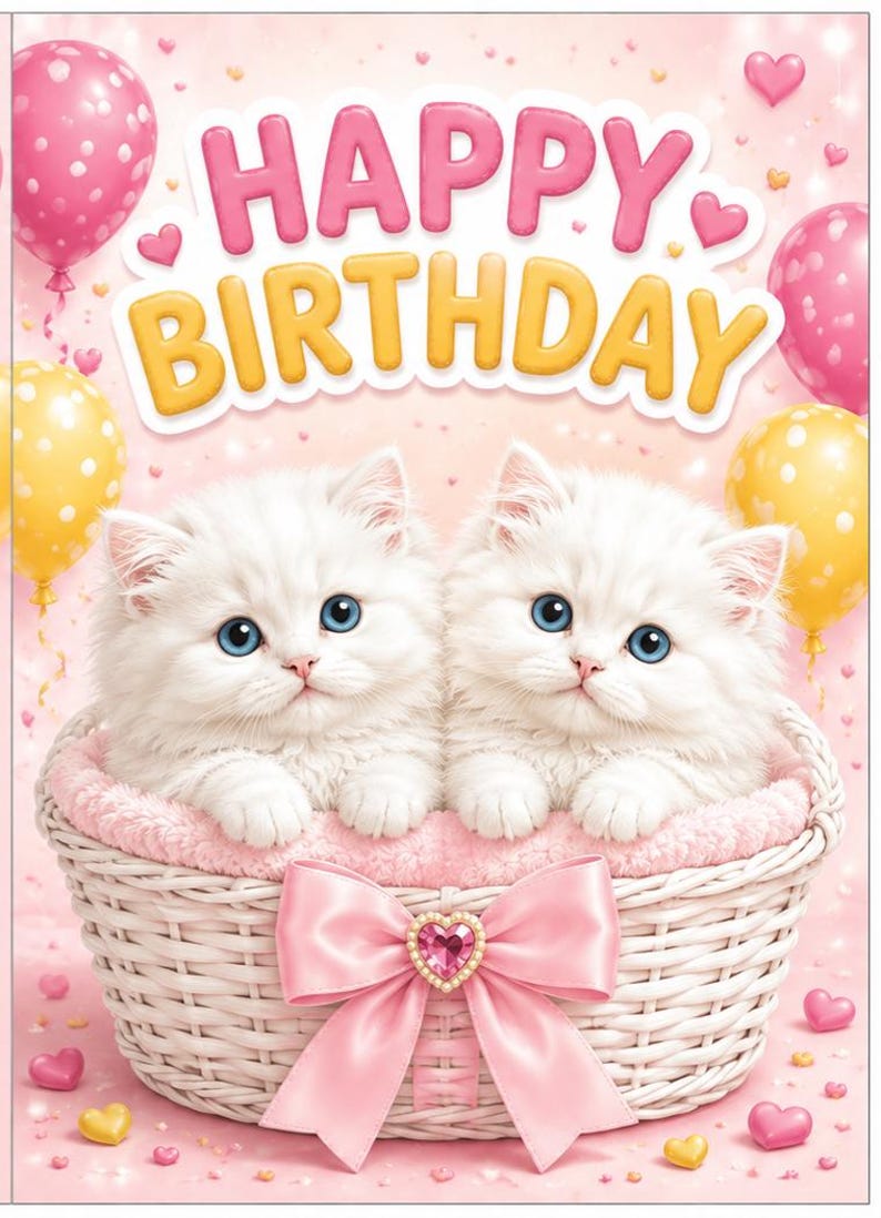 K&ouml;nnte beinhalten: Geburtstagskarte mit zwei wei&szlig;en K&auml;tzchen mit blauen Augen in einem rosa Korb. Auf der Karte steht "HAPPY BIRTHDAY" in Rosa und Gelb, mit rosa und gelben Luftballons. Das Bild hat eine weiche Farbgebung.