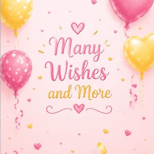 K&ouml;nnte beinhalten: Rosa Hintergrund mit dem Schriftzug &bdquo;Many Wishes and More&ldquo;. Das Bild zeigt rosa und gelbe herzf&ouml;rmige und runde Luftballons sowie herzf&ouml;rmige Konfetti und B&auml;nder.