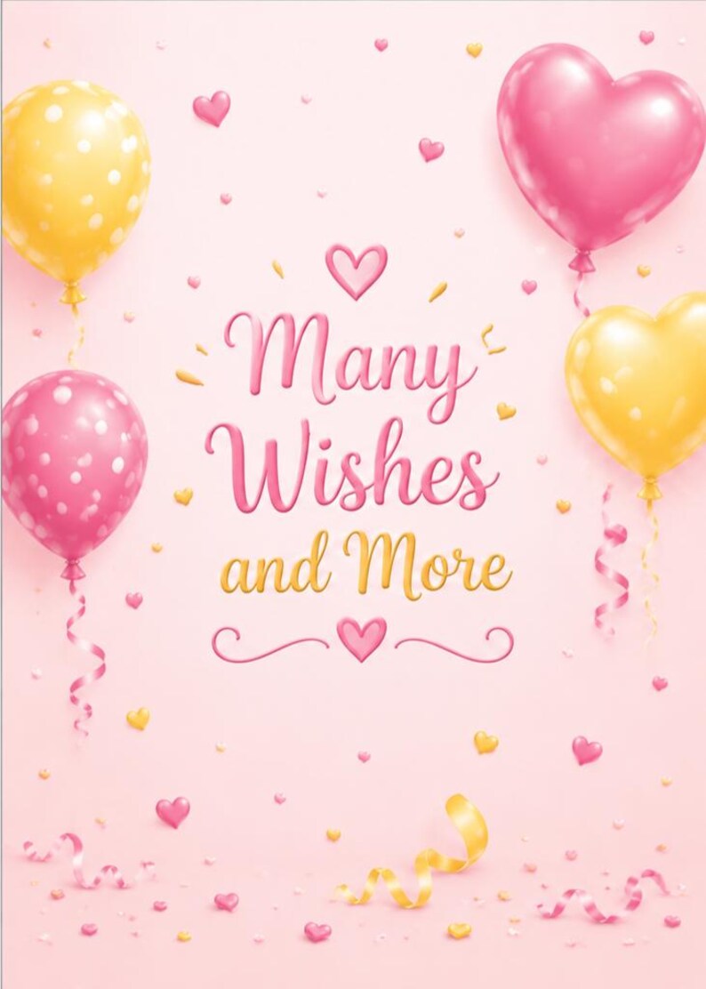 K&ouml;nnte beinhalten: Rosa Hintergrund mit dem Schriftzug &bdquo;Many Wishes and More&ldquo;. Das Bild zeigt rosa und gelbe herzf&ouml;rmige und runde Luftballons sowie herzf&ouml;rmige Konfetti und B&auml;nder.