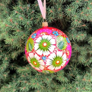 Hand-painted Ukrainian Christmas Ball Ornament, Petrykivka Tree Balls, Handmade Petrykivka Art Pink&Green Flower, Christmas Tree Decoration