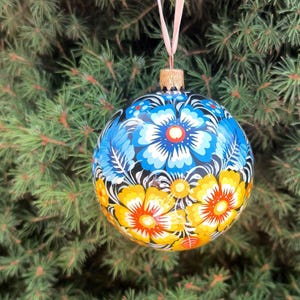 Flower Ornament, Painted Ukrainian Christmas Ball Ornaments 3.15 in, Handmade Petrykivka Art, Christmas Tree Decoration, Hand Painted Bauble