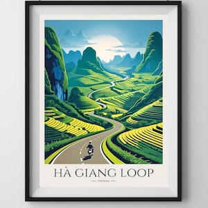 Hà Giang Loop Vietnam Travel Poster | Scenic Motorbike Landscape Art Print | Retro-Style Vietnam Wall Decor