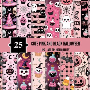 Carta digitale rosa e nera per Halloween – 25 motivi JPG / Fantasmi, pipistrelli, gatti e caramelle kawaii / Sfondi senza soluzione di continuità