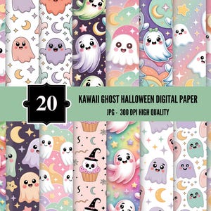 Carta digitale Halloween con fantasmi kawaii – 20 graziosi motivi senza soluzione di continuità / Fantasmi sorridenti, lune e stelle / JPG 300 DPI
