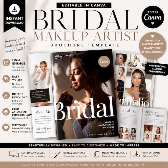 Bridal Makeup Artist Brochure | Editable Canva Portfolio, Pricing Guide & Wedding Services Magazine | MUA Client Welcome Template