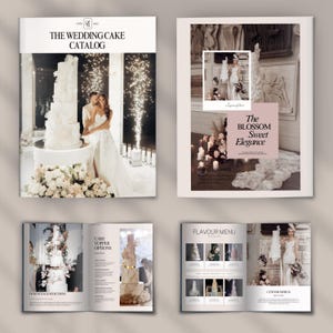 Puede incluir: Un catálogo de pasteles de boda con una portada que presenta un pastel blanco de varios niveles y una pareja. El catálogo incluye páginas con opciones de adornos para pasteles, menús de sabores e ideas de diseño personalizadas.