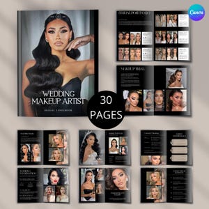 Pode incluir: Um livro de look de maquiagem de noiva em preto e branco com uma mulher na capa. O livro inclui páginas com retratos de noivas, testes de maquiagem e informações de reserva. O livro tem 30 páginas.