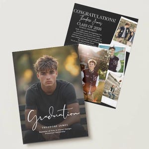 Puede incluir: Dos anuncios de graduación. Uno presenta una foto de un joven con la palabra "Graduation" en escritura. El otro es negro con fotos y el texto "CONGRATULATIONS! Theodore James CLASS OF 2026 SCHOOL UNIVERSITY".