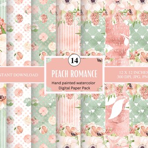 Carta digitale per acquerello color pesca – 14 motivi floreali dipinti a mano senza soluzione di continuità, clipart romantiche per scrapbooking, biglietti e inviti