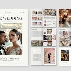 Op de afbeelding: Een trouwmagazine met een cover met een stel in formele kleding. Binnenin tonen verschillende artikelen en foto's trouwlocaties, decoraties en fotografie. De titel van het tijdschrift is "THE WEDDING".