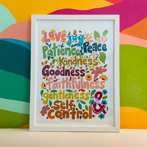 Fruits of the Spirit Poster. Love. Joy. Peace. Patience. Kindness. Colorful Kids Print. Bible Verse Art. Bible Quotes. Motivational Art.