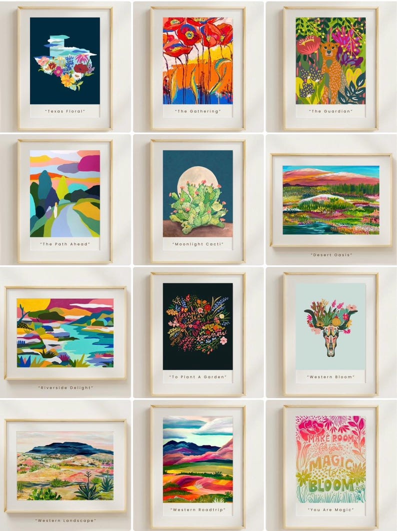 Puede incluir: Una colecci&oacute;n de impresiones art&iacute;sticas enmarcadas con varios dise&ntilde;os abstractos coloridos de paisajes y flores. Cada impresi&oacute;n tiene un borde blanco y un marco de madera. Las impresiones incluyen t&iacute;tulos como "Texas Floral", "The Gathering" y "You Are Magic".