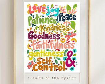 Póster de los Frutos del Espíritu. Amor. Gozo. Paz. Paciencia. Bondad. Lea la descripción ANTES de comprar.