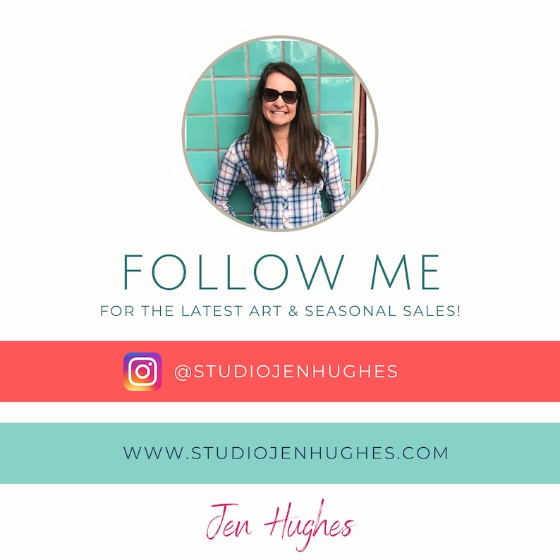 Puede incluir: Gr&aacute;fico promocional con el texto &laquo;S&Iacute;GUEME&raquo; y &laquo;&iexcl;PARA LAS &Uacute;LTIMAS VENTAS DE ARTE Y DE TEMPORADA!&raquo;. Incluye una foto de una mujer con gafas de sol y el identificador de Instagram @studiojenhughes. Tambi&eacute;n se muestra el sitio web www.studiojenhughes.com.